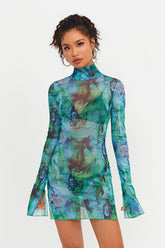 Abstract Print Split Hem Mesh Long Sleeve Mini Dress Without Underwear