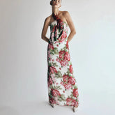 Satin Rosette Decor Halter Long Dress