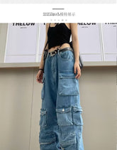 Multi Pocket Rolled Hem Wide Leg Cargo Jeans