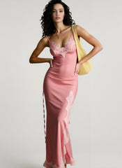 Satin Feel Lace Panel Maxi Vacation Dress