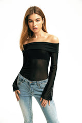 Off Shoulder Mesh Solid Long Sleeve Top