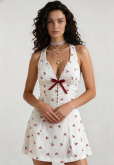 Cherry Print Halter Backless Mini Dress