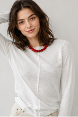 White Crew Neck Knit Panel Long Sleeve Tee