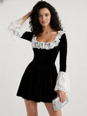 Sexy Square Neck Lace Trim Flared Sleeve Mini Dress