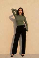 Solid Mock Neck Paneled Ruffled Long Sleeve Tee