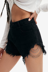 High Waist Frayed Chain Detail Denim Shorts