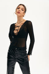 Mesh Lace Up Split Hem Crop Top