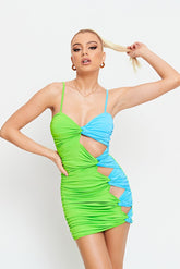 Colorblock Plunging Neck Cut Out Twist Front Mini Dress