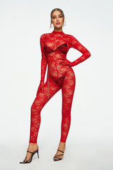 Mock Neck Lace Long Sleeve Jumpsuit Without Underwear & Waist Chain