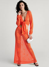 Knit Cutout Long Sleeve Crop Top Skirt Vacation Set