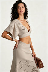 Knit Openwork V-Neck Cropped Bodycon Two Piece Set