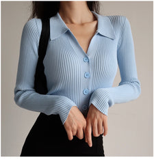 Button Up V-Neck Collar Long Sleeve Rib Knit Top