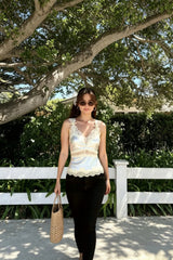 Bow Lace Patch V Neck Solid Tank Top