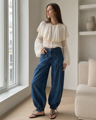 Ruched Mid Rise Wide Leg Jeans