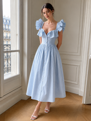 Ruffle Striped Square Collar Midi Dress