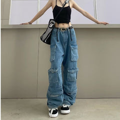 Multi Pocket Rolled Hem Wide Leg Cargo Jeans