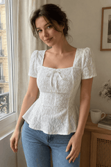 Square Neck Bow Lace Short Sleeve Blouse