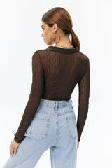 Lettuce Trim Split Hem Mesh Long Sleeve Top