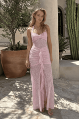 Halter Backless Sheer Lace Patchwork High Slit Fitted Maxi Dress