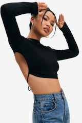 Solid Tie Backless Curved Hem Crop Top