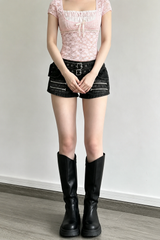 Square Neck Lace Spliced Tie Slim Blouse