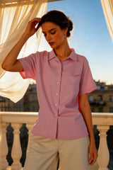 Linen Camp Collar Short Sleeve Blouse