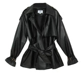 Stand Collar Belted PU Leather Quilted Jacket