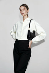 Chic White Boucle Cropped V Neck Coat
