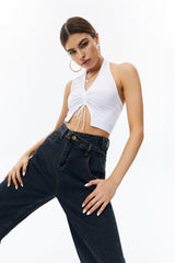 Drawstring Ruched Backless Crop Top