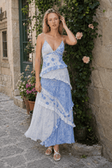 Deep V Ruffle Floral Lace Patchwork Cami Maxi Dress