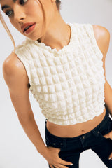 Bubble Textured Lettuce Trim Sleeveless Crop Top