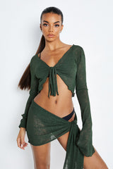 Plunging Neck Long Sleeve Top & Tie Side Skirt Set Without Underwear