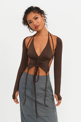 Two Piece Open Back Drawstring Ruched Crop Top