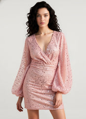 Long Sleeve V-Neck Sequin Bodycon Mini Sequin Dress