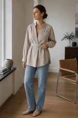 Striped V Neck Irregular Tie Waist Long Sleeve Blouse