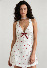Cherry Print Halter Backless Mini Dress