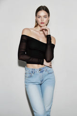 Backless Lace Paneled Off Shoulder Crop Top