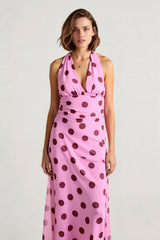 Vintage Polka Dot Halter V-neck Maxi Dress