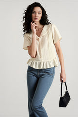 Linen Stripe V Neck Tie Waist Blouse