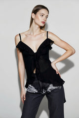 White Sheer V Neck Ruffle Cami Top