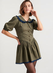 Vintage Polka Dot Peter Pan Collar Puff Sleeve Mini Dress