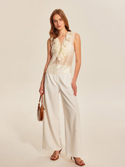 Semi-Sheer Ruffled Tie-Front Top