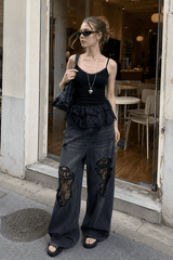 Lace Panel Ripped Wide Leg Jeans