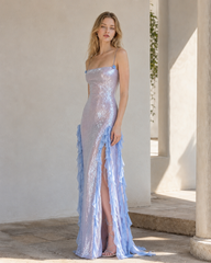 Sultry Sequined Ruffled 3D Floral Evening Dress