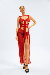 Mesh Cut Out Knot Front Split Thigh Maxi Dress