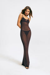 U Neck Mesh Solid Cami Maxi Dress Without Underwear