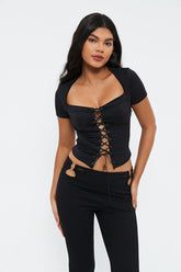 Square Neck Lace Up Short Sleeve Crop Top