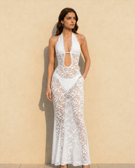 Lace Halter Neck Backless Solid Maxi Dress