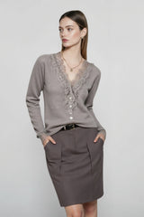 Lace Trim V Neck Cashmere Cardigan
