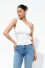One Shoulder Three-dimensional Flower Ruched Top